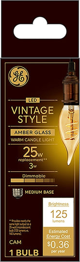 GE 36494 Vintage Light Bulb, CAM Lamp, 25 W Equivalent, E26 (Medium) Lamp Base, Dimmable, Amber, Warm White Light